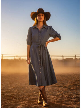 Sharagano Chambray Shirt Dress Button Front Tie Waist Blue Midi Size 10